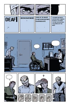 {Image is a scan of a comic page. The top panel shows adult Clint staring at the reader. The second row of cells is a typed doctor's note stating that Clint has been deafened. The third panel is an image of the doctor's office, with Clint sitting on an examination table while his brother talks to the doctor. Their speech bubbles are blank, showing that Clint cannot hear them at all. The bottom row of cells shows Clint's brother signing at him. Clint is looking down.}