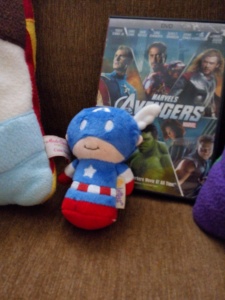 {Image is a close-up of a Captain America "Itty-Bitty," a small stuffed toy sold at Hallmark.}
