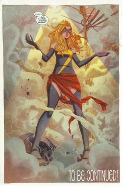 {Image is of Kamala, now blonde and pale and wearing Captain Marvel's typical blue-and-red uniform with a yellow lightning bolt across the chest. Kamala is saying, "Ummm...is it too late to change my mind?"}