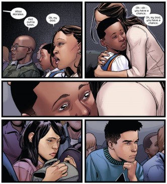 {Image is a scan of a comic page. The first cell shows Miles' father, an older African American man; Miles; and Miles' mother, a Latina woman. In the first cell, a speech bubble from off-screen says, "Miles Morales." Miles' father says, "Get out of here." Miles' mother says, "Oh, my God." In the second cell, Miles' mother is hugging Miles. She says, "Oh--oh--you have a chance. Oh, my God, I have a chance." The third cell shows Miles' eyes. The fourth cell shows a girl crying. The fifth cell shows a boy who also looks upset.}