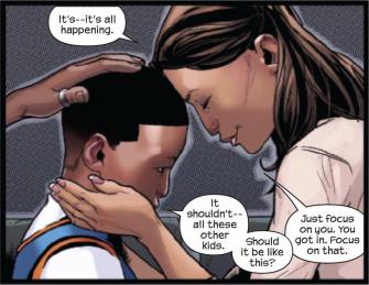 {Image is of Miles and his mother. Miles' mother cups his face in her hands. Miles' mother says, "It's--it's all happening." Miles says, "It shouldn't--all these other kids. Should it be like this?" Miles' mother replies, "Just focus on you. You got in. Focus on that."}
