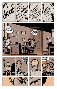 {Image is a scan of a comic page. The top row of cells shows a handwritten doctor's note stating that Clint has been deafened. The middle panel shows a doctor's office; Clint's parents and brother sit at the doctor's desk while Clint sits on the examination table. The third row of cells shows the doctor and Clint's father speaking. Instead of words, the speech bubbles contain scribbles to show that Clint cannot hear the words clearly. The bottom panel shows young Clint staring at the reader.}