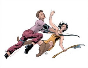 {Image is a piece of art designed for the Hawkeye Initiative. Clint Barton, also known as Hawkeye, is fighting Loki. Clint's rear end is facing toward the reader. His shoulders are twisted at an awkward angle, and he is wearing platform heels. Loki is also wearing heels. Art by soundvsvision. Link: http://soundvsvision.tumblr.com/post/85862273054/so-i-know-im-late-to-the-game-but-i-just}
