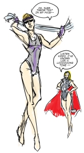{Image is a piece of art from the Hawkeye Initiative. Hawkeye in the foreground wearing what appears to be a leotard. Thor is in the background, also apparently wearing a leotard. Thor is saying, 