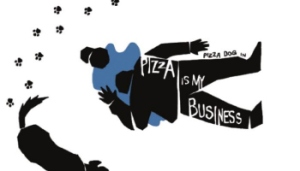 {Image is an overhead view of the black silhouette of a dog and a dead man. The dog is circling the man, leaving a trail of paw prints. The dead man is covered by the comic's title, "Pizza Dog In Pizza Is My Business."}